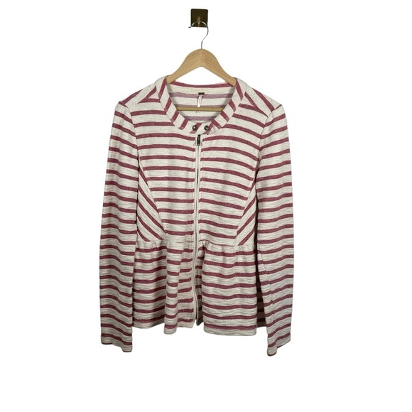 Free People Full Zip Peplum Striped Tweed Jacket in Ivory/Red Size M - Picture 5 of 13